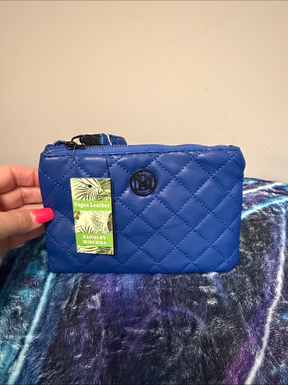 Badgley Mischka Quilted Royal Blue wristlet / cosmetic Pouch